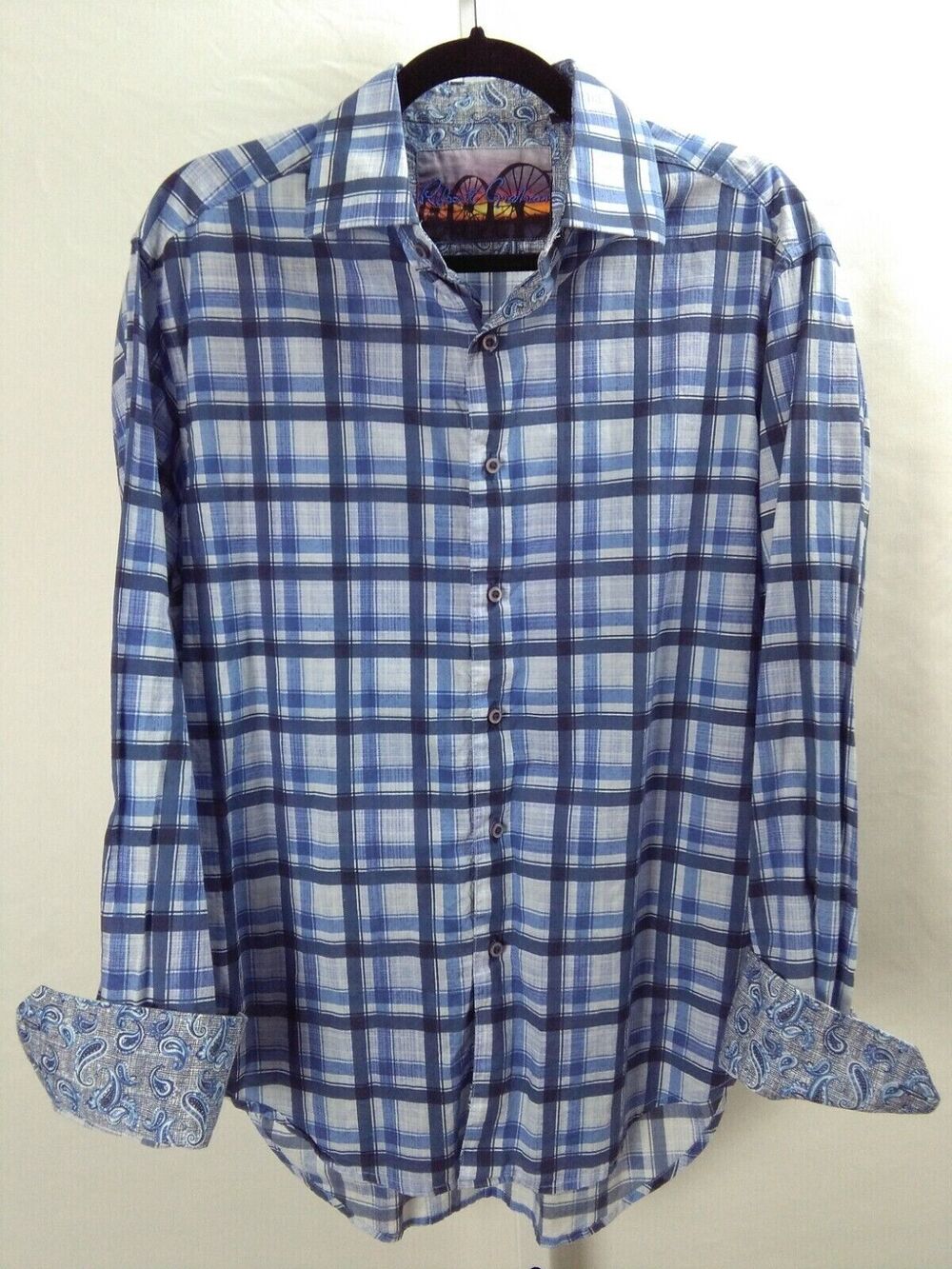 Robert Graham Blue Gray Check Paisley Cuffs Button Front Party Shirt sz Medium M